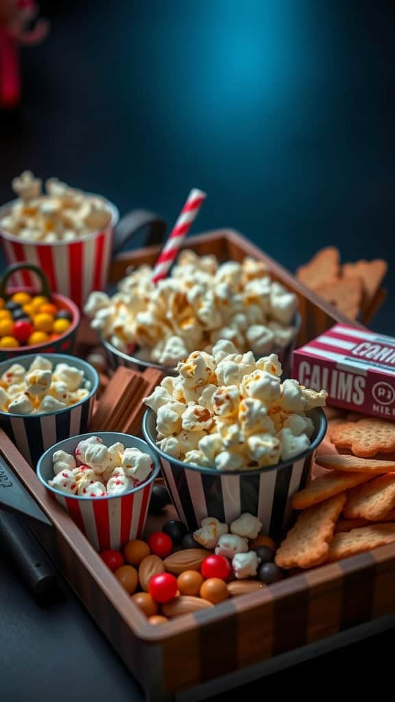 A popcorn and candy movie tray featuring colorful candy and popcorn in striped cups.