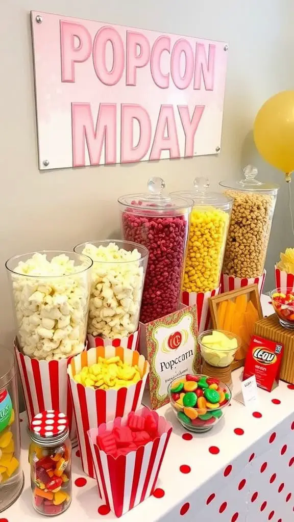 A festive popcorn and snack bar station with colorful treats and a bright sign.