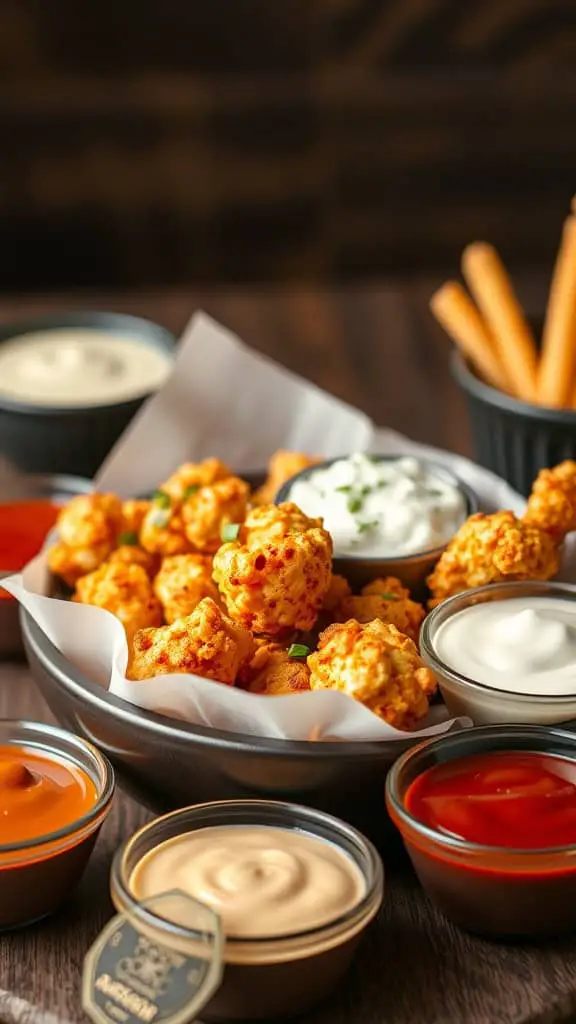 Bowl of popcorn chicken with dipping sauces and breadsticks on a wooden table