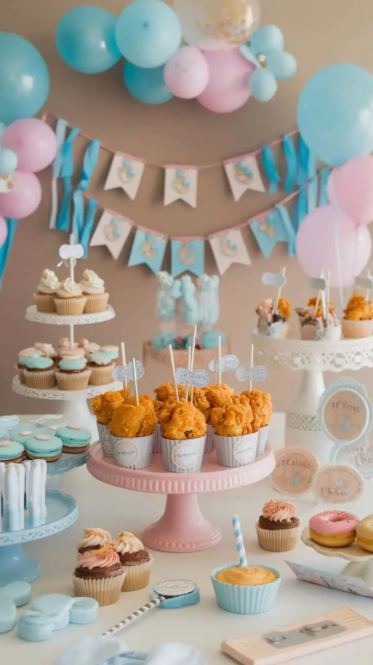 A festive display of popcorn chicken bites in cups, surrounded by various desserts and colorful decorations.