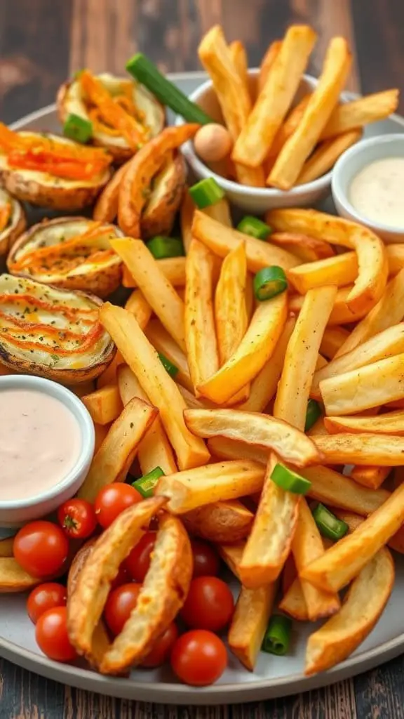 A delicious spread of crispy fries, loaded potato skins, and cherry tomatoes on a platter.