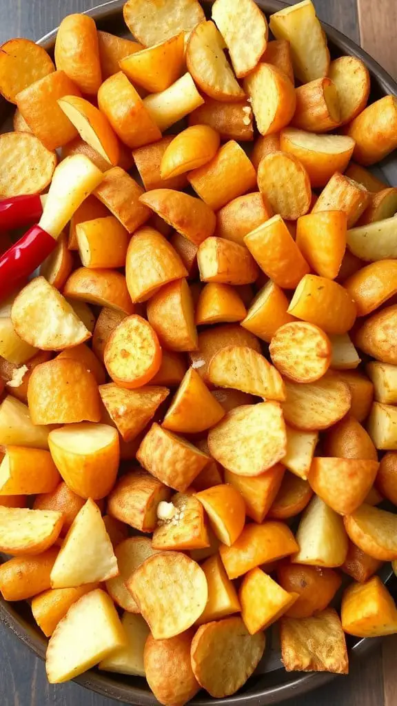 A tray filled with golden, crispy potato pieces.