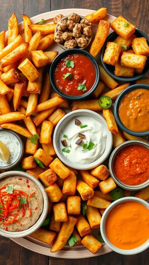 A platter filled with various types of fries and dips, showcasing a vibrant Potato Munch Fiesta Board.