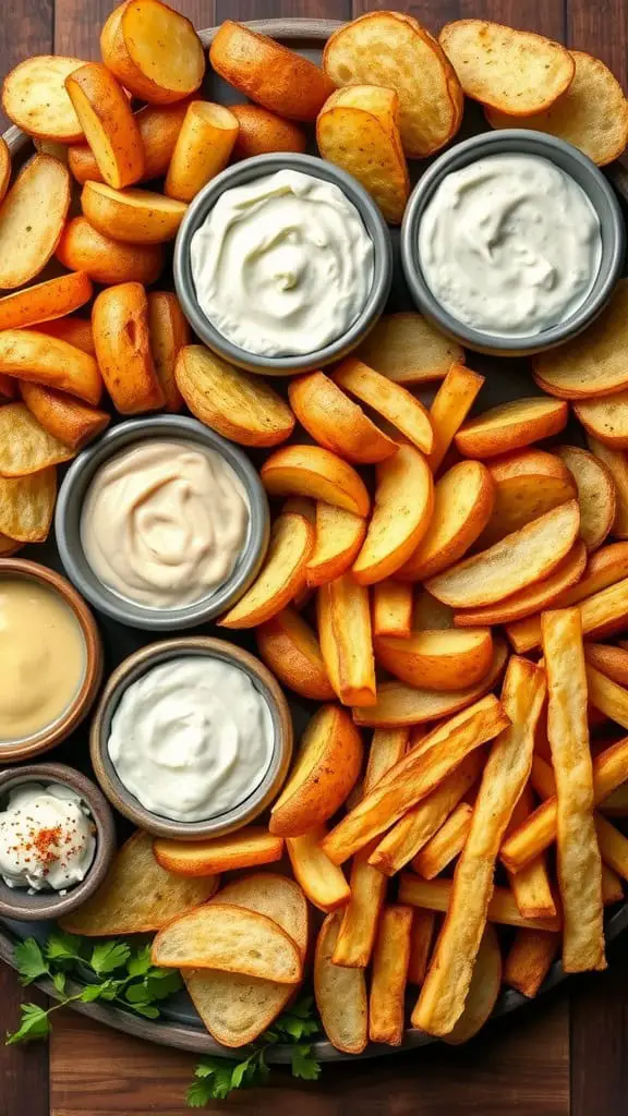 A variety of crispy potato bites served with different dips on a platter.