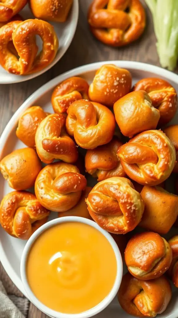 A plate of golden pretzel bites with a bowl of cheese sauce