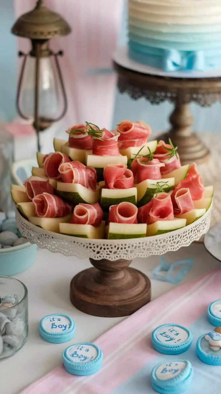 A beautiful platter of prosciutto-wrapped melon bites, garnished with herbs and displayed at a celebration.