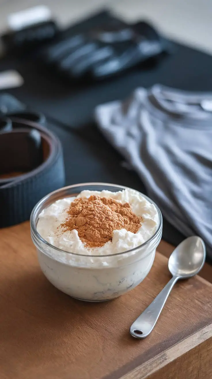 Bowl of yogurt topped with protein powder and cinnamon, with workout gear in the background.