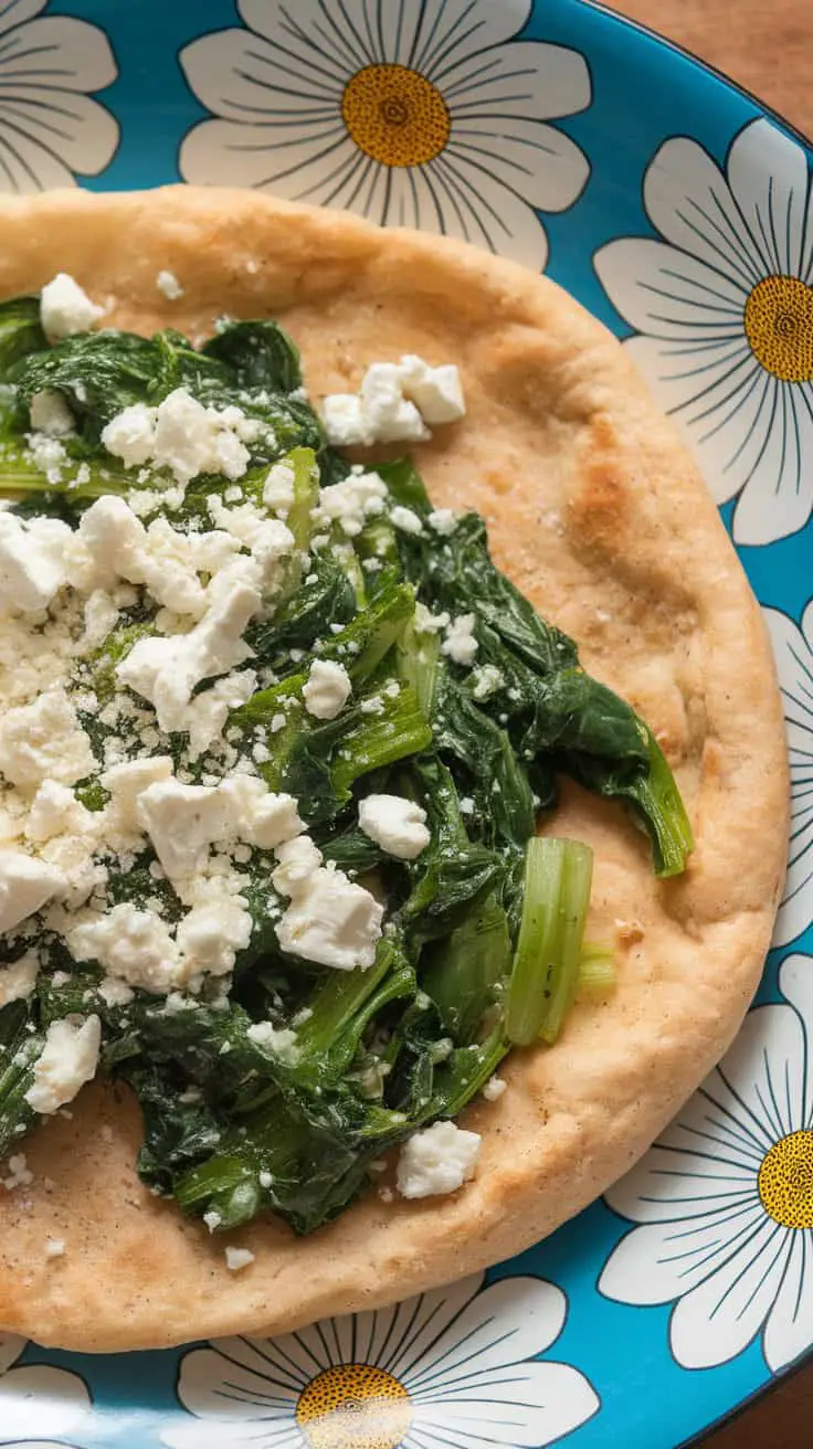 Chickpea flour flatbread topped with sautéed greens and crumbled feta on a colorful plate.