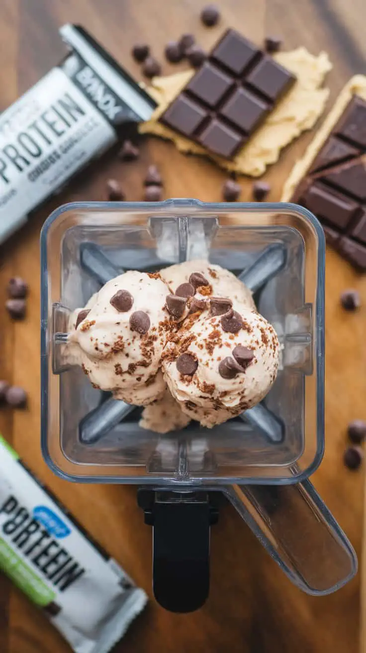 Blender filled with cookie dough ice cream, topped with chocolate chips, surrounded by protein bars and chocolate chunks.