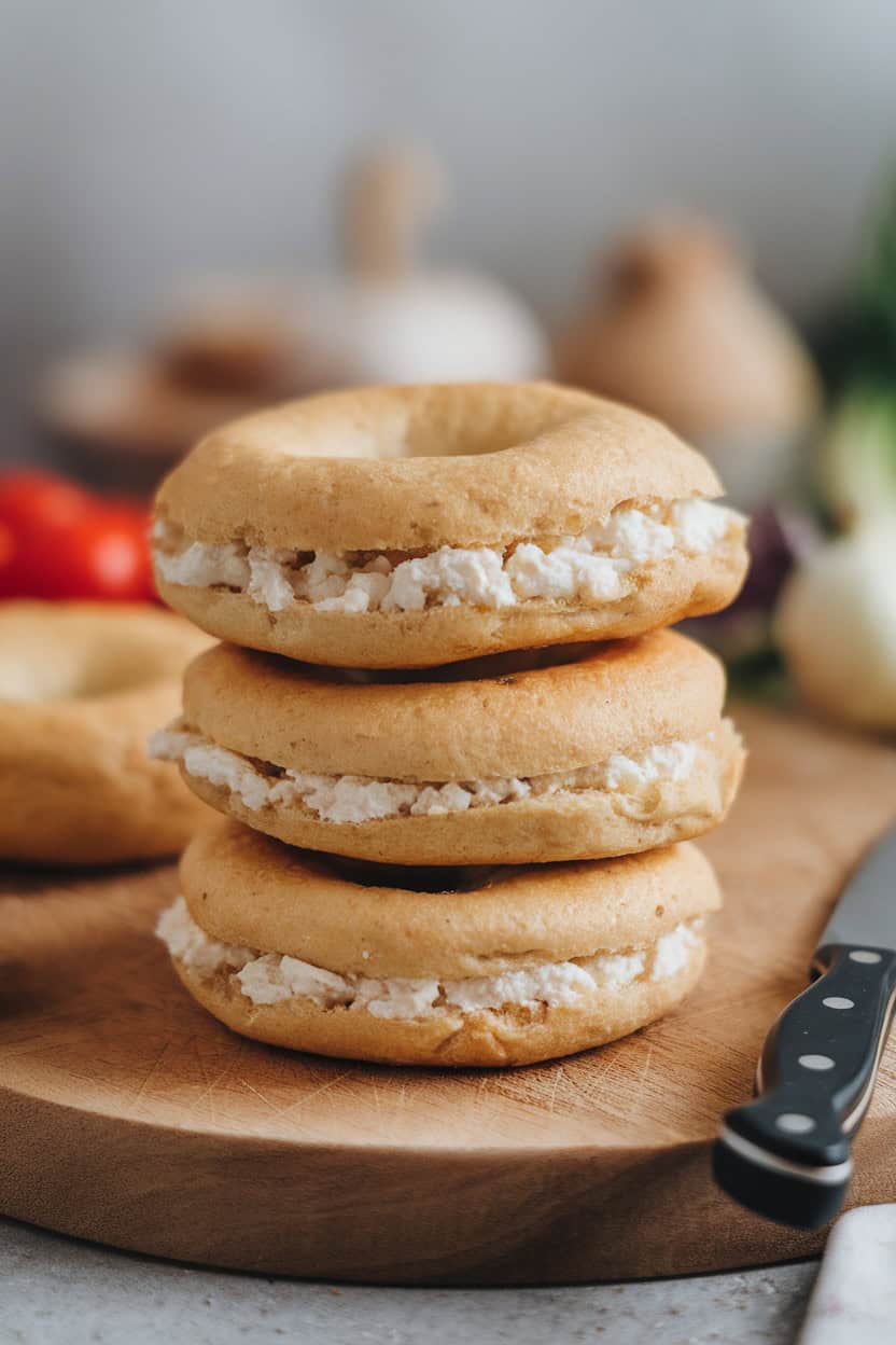 Stack of protein-packed cottage cheese bagels on a wooden cutting board