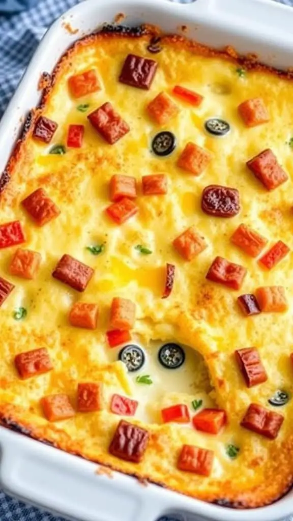 A baked dish with eggs, cottage cheese, and colorful toppings, showcasing a protein-packed breakfast.