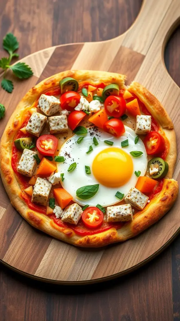A colorful breakfast pizza topped with veggies and a sunny-side-up egg.
