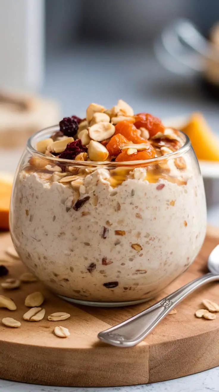 A bowl of protein-packed cottage cheese overnight oats topped with nuts and dried fruits.