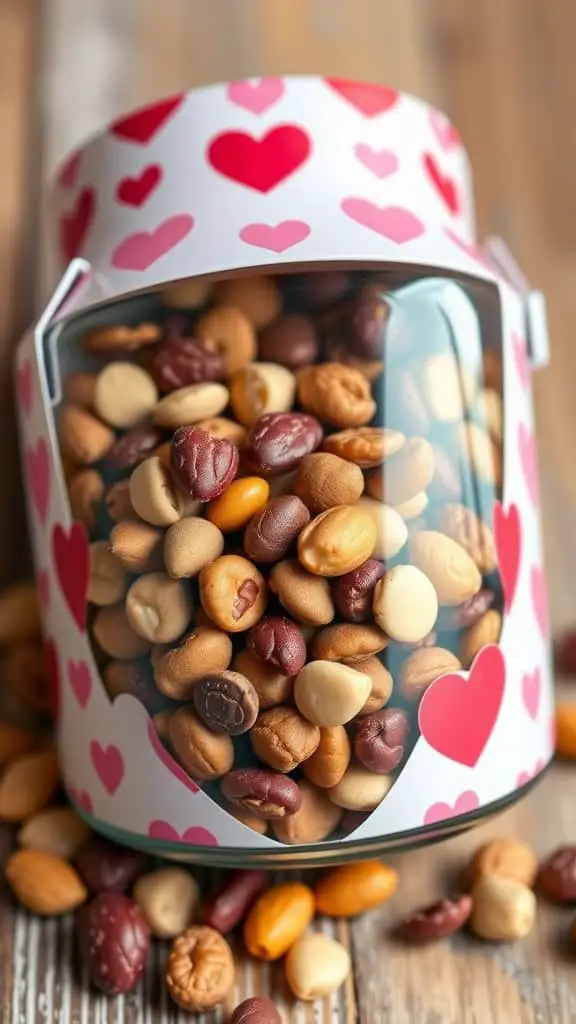 A jar filled with a colorful mix of nuts, decorated with hearts, placed on a wooden surface.