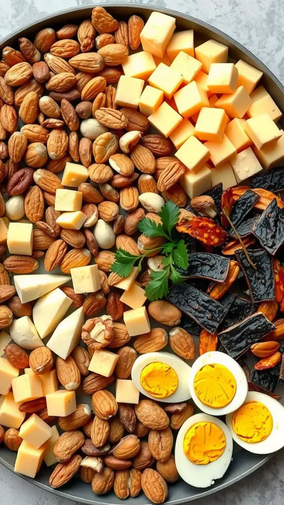 A protein snack board featuring assorted nuts, cheese cubes, boiled eggs, and garnishes.