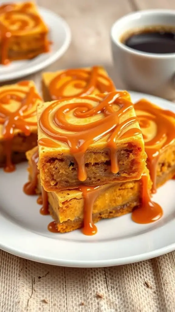 Delicious Pumpkin Caramel Swirl Bars with caramel drizzle on a white plate next to a cup of coffee