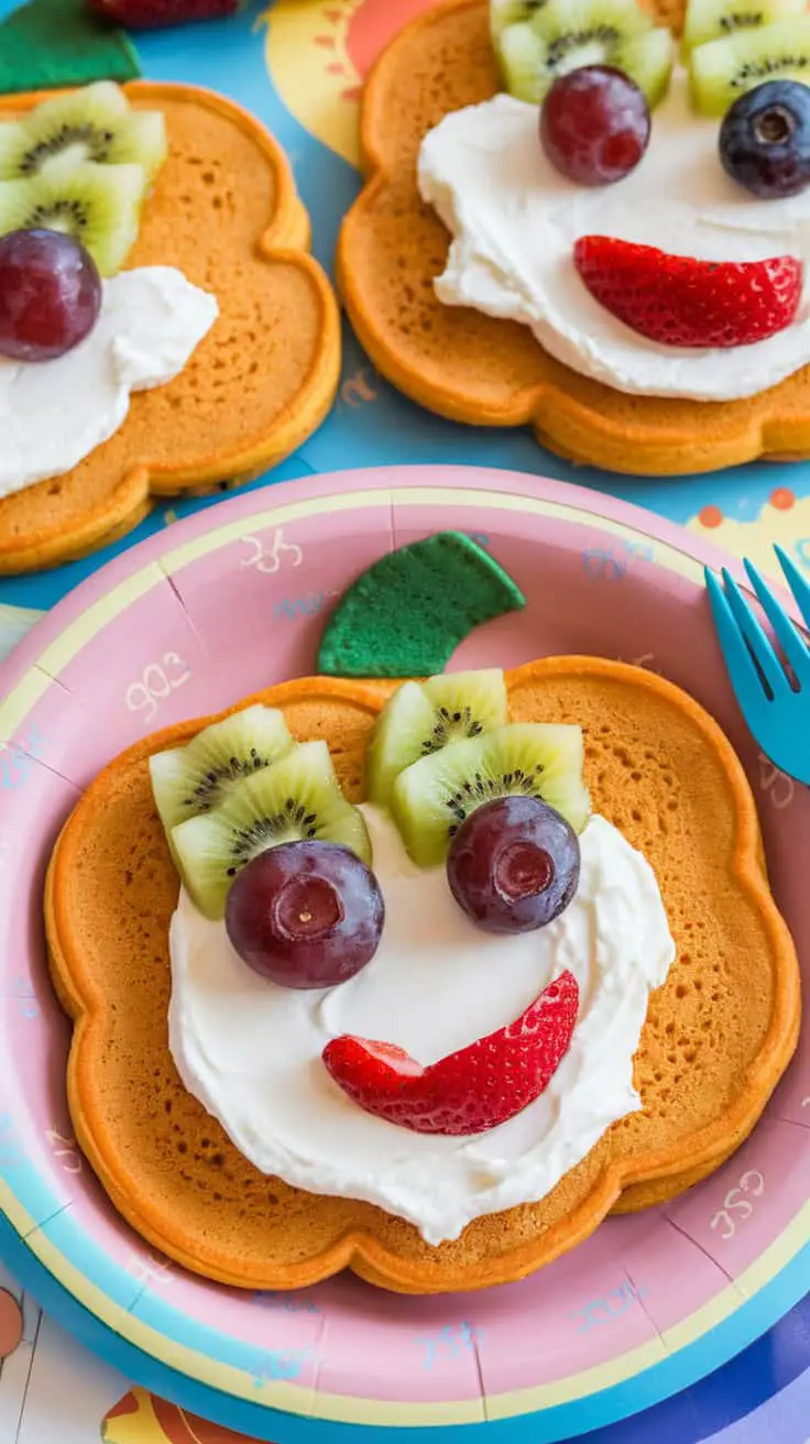 Pumpkin Cottage Cheese Pancakes decorated with fruits, shaped like pumpkins, on a colorful plate