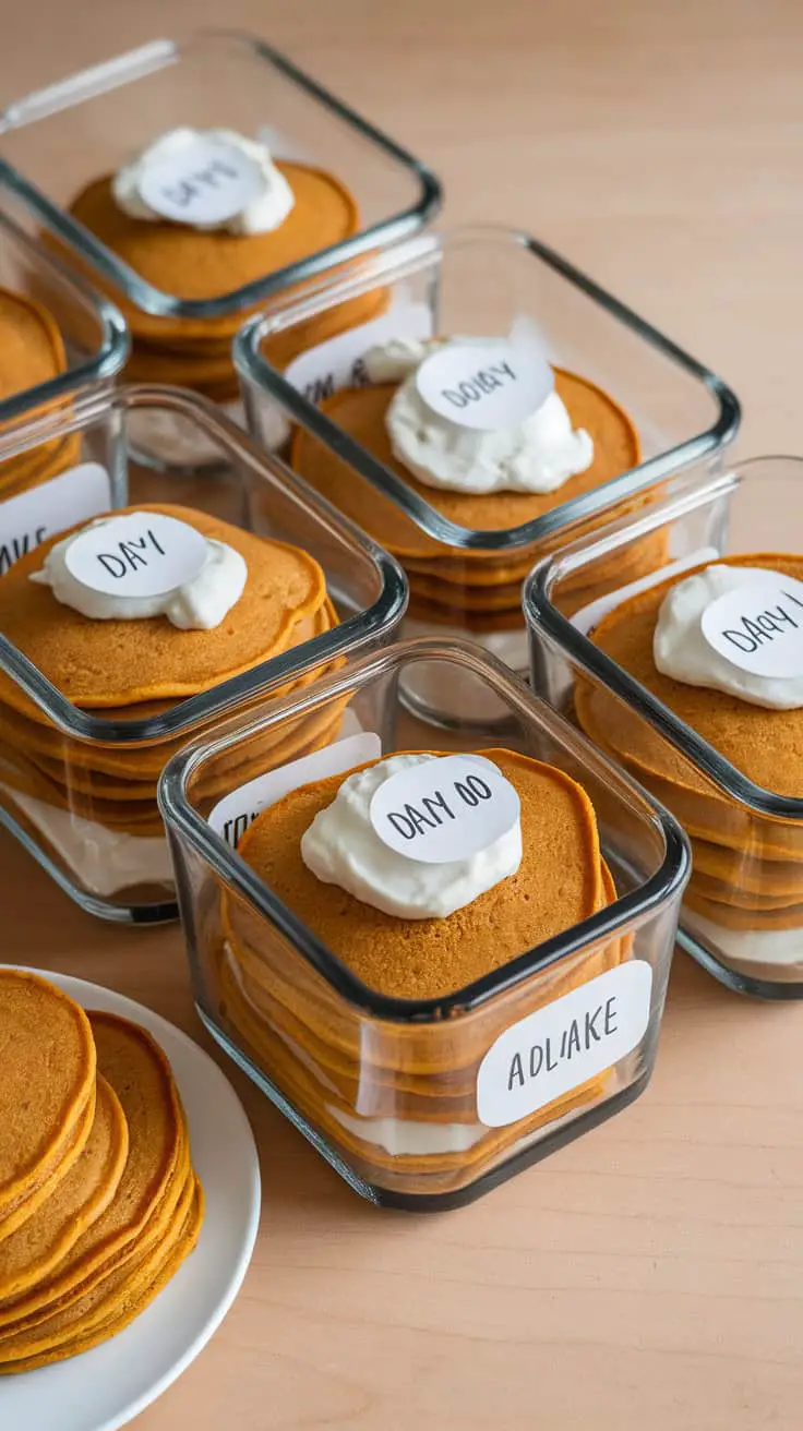 Containers filled with fluffy pumpkin cottage cheese pancakes stacked and labeled for meal prep.