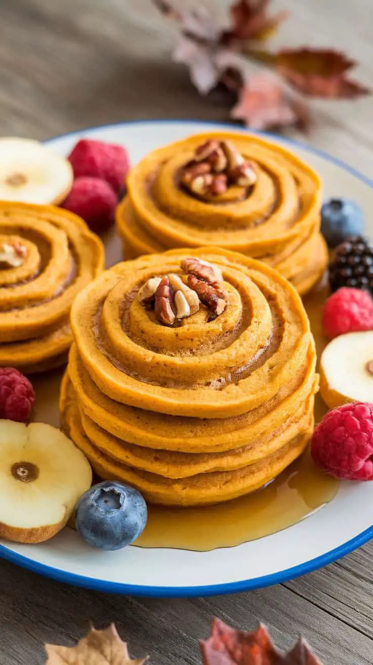 Fluffy pumpkin pancakes stacked with a cinnamon swirl, topped with pecans and fresh berries on a plate.