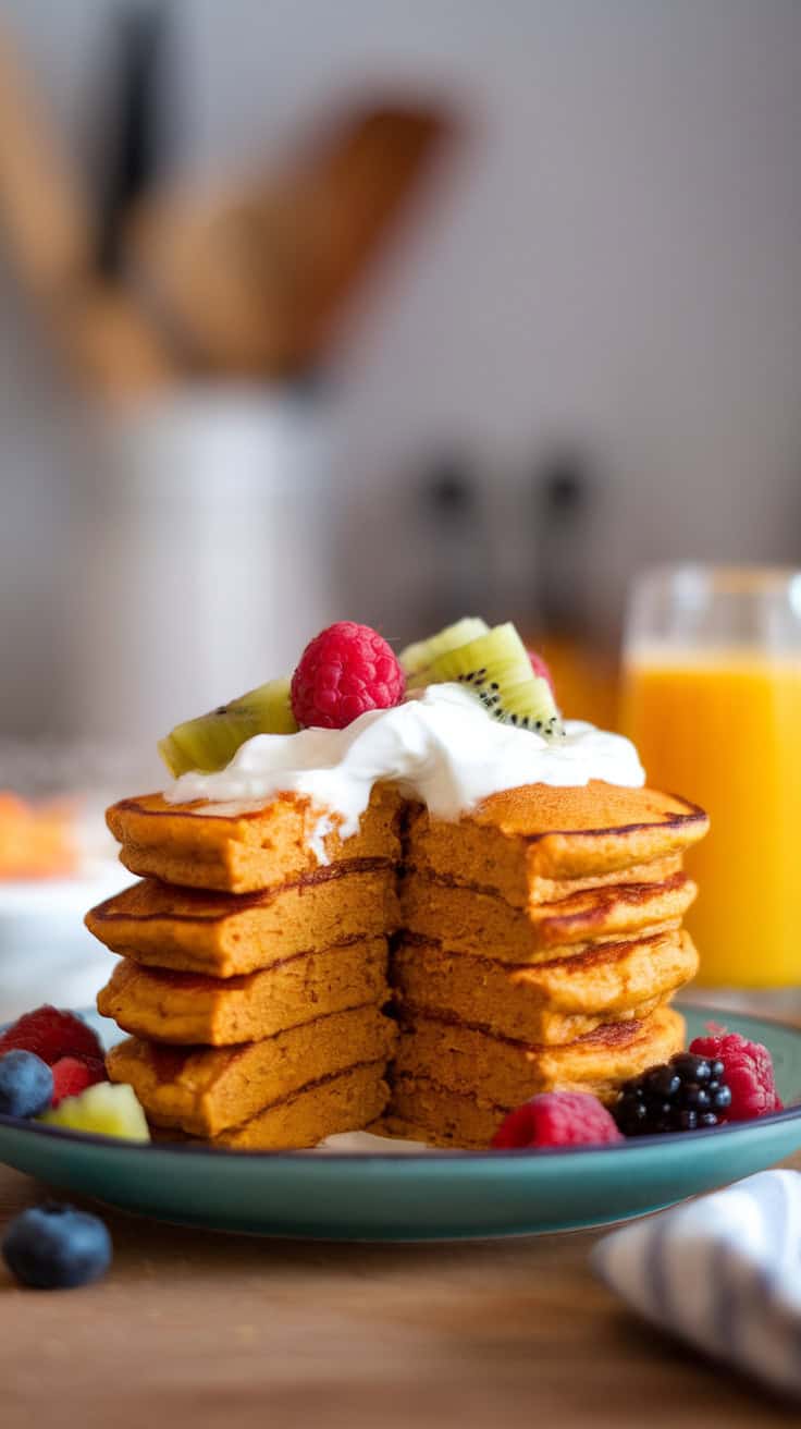 Fluffy pumpkin cottage cheese pancakes stacked high, topped with Greek yogurt, raspberries, and kiwi, served with a glass of orange juice.