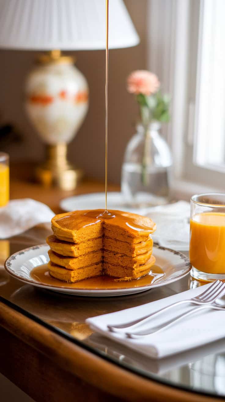 Stack of pumpkin cottage cheese pancakes drizzled with maple syrup
