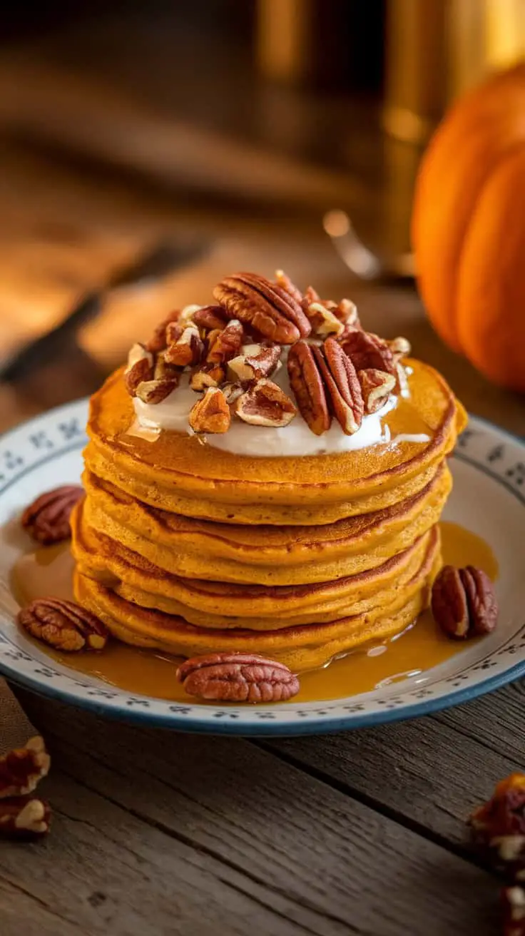 Stack of pumpkin cottage cheese pancakes topped with pecans and yogurt, drizzled with maple syrup