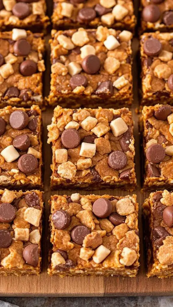 Pumpkin Crunch Bars topped with chocolate chips and Heath toffee bits, arranged neatly on a wooden board.