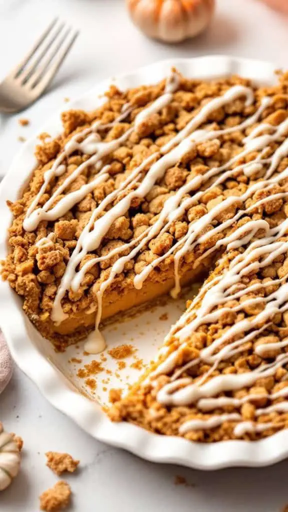 Pumpkin Crunch Pie with drizzle icing and a slice taken out