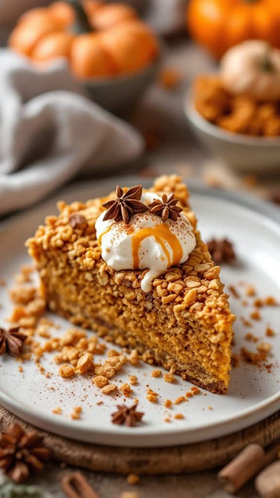 A slice of pumpkin crunch cake topped with whipped cream, caramel drizzle, and star anise on a white plate with pumpkins in the background.