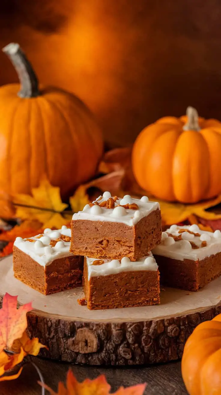 Pumpkin gingerbread cookie bars topped with cream cheese frosting and surrounded by pumpkins and autumn leaves.