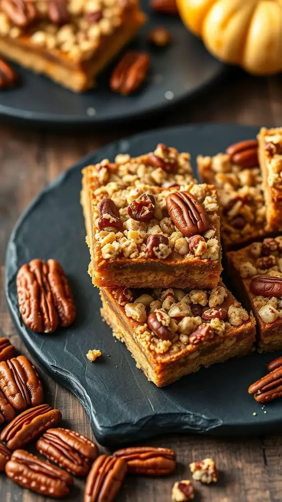 Pumpkin Pecan Crunch Bars on a black plate, surrounded by pecans and a small pumpkin