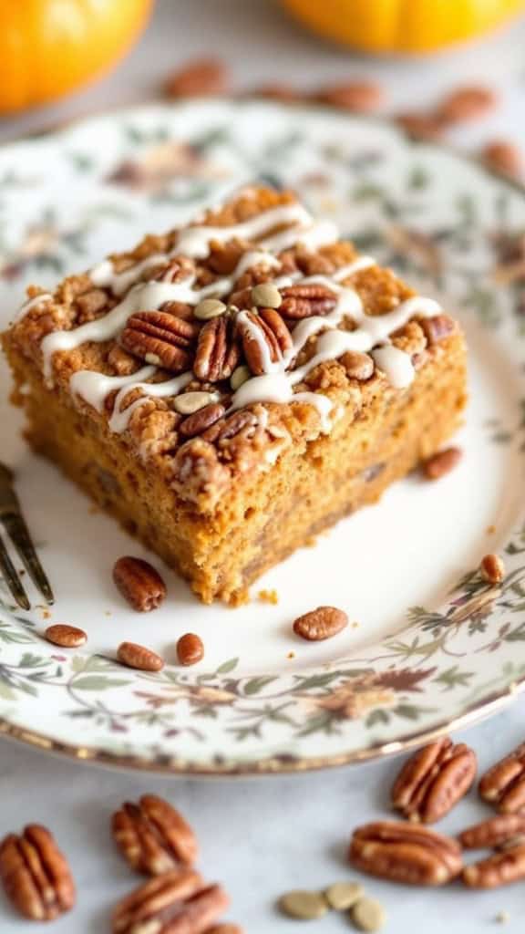 Slice of Pumpkin Pecan Crunch Cake topped with pecans and icing on a floral plate, with pumpkins in the background.