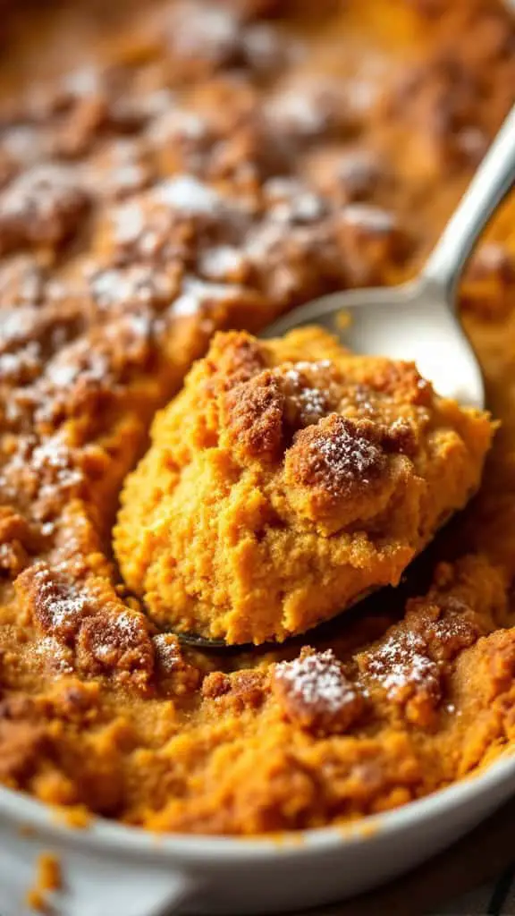 A close-up of a warm Pumpkin Crunch Cake with a serving spoon, showcasing its fluffy texture and powdered sugar topping.