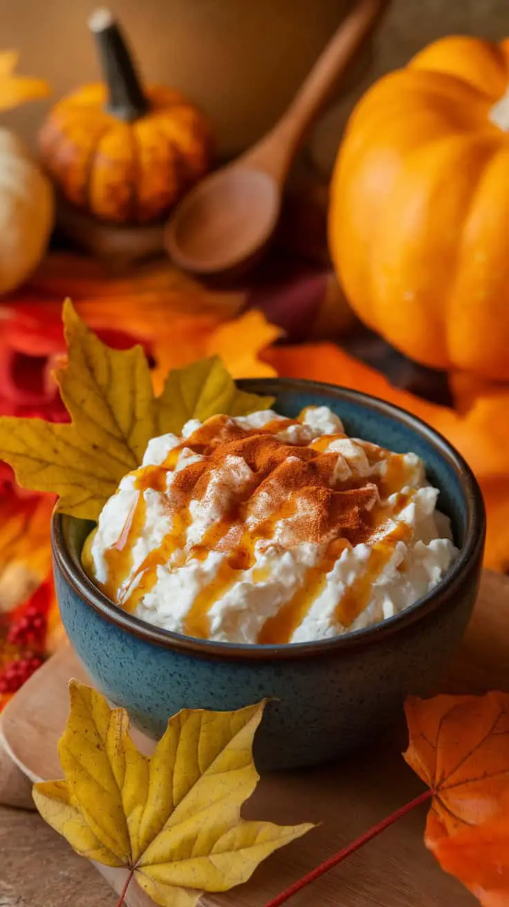 A bowl of whipped cream topped with pumpkin spice and maple syrup, surrounded by autumn leaves and small pumpkins.