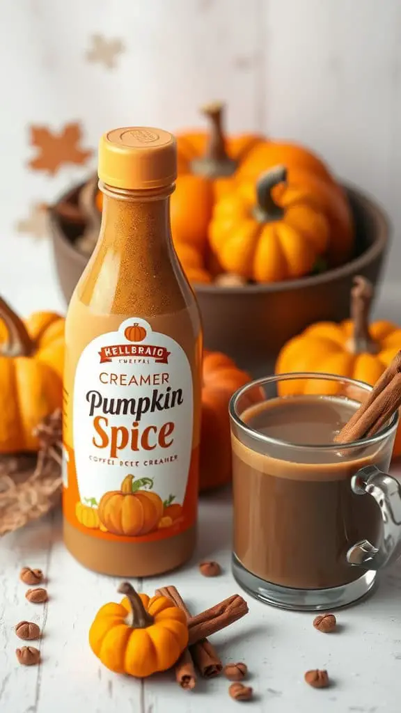 Bottle of pumpkin spice coffee creamer next to a cup of coffee with cinnamon sticks and small pumpkins around