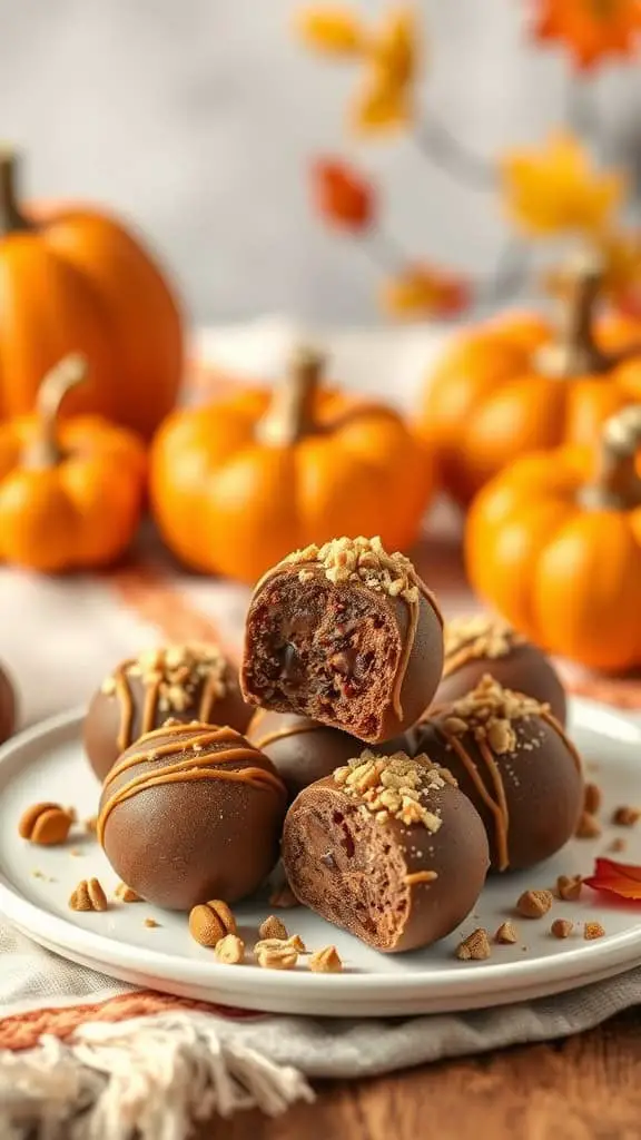 Plate of pumpkin spice coffee truffles with small pumpkins in the background