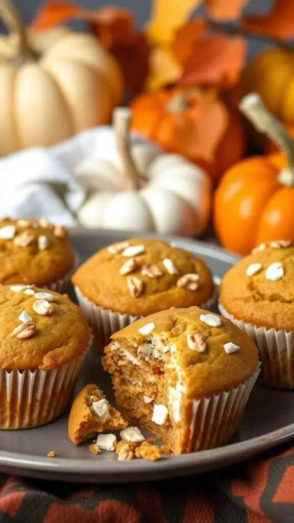 Delicious pumpkin spice cottage cheese muffins with a bite taken out, surrounded by autumn-themed decor.