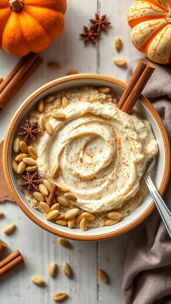 A bowl of pumpkin spice cottage cheese overnight oats topped with cinnamon and pumpkin seeds, surrounded by small pumpkins and cinnamon sticks.
