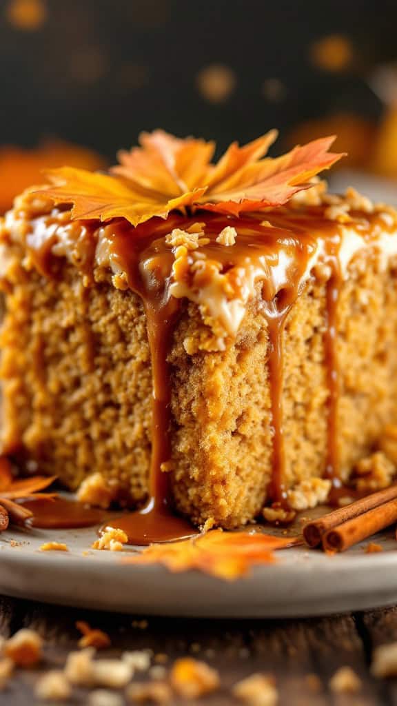 Pumpkin Spice Crunch Cake with toffee drizzle topped with autumn leaves