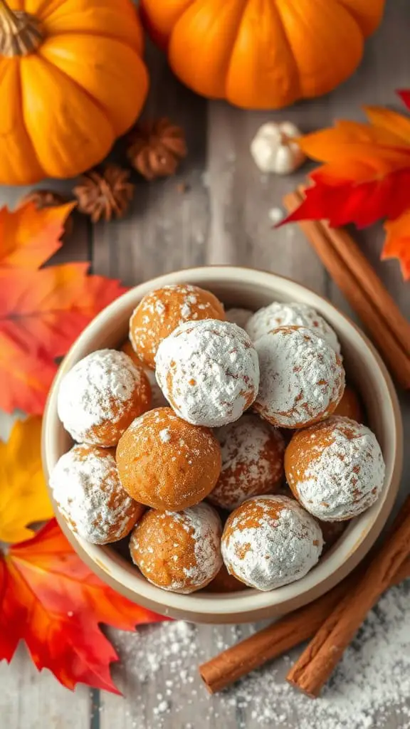 A bowl of pumpkin spice doughnut holes dusted with powdered sugar, surrounded by pumpkins and autumn leaves.