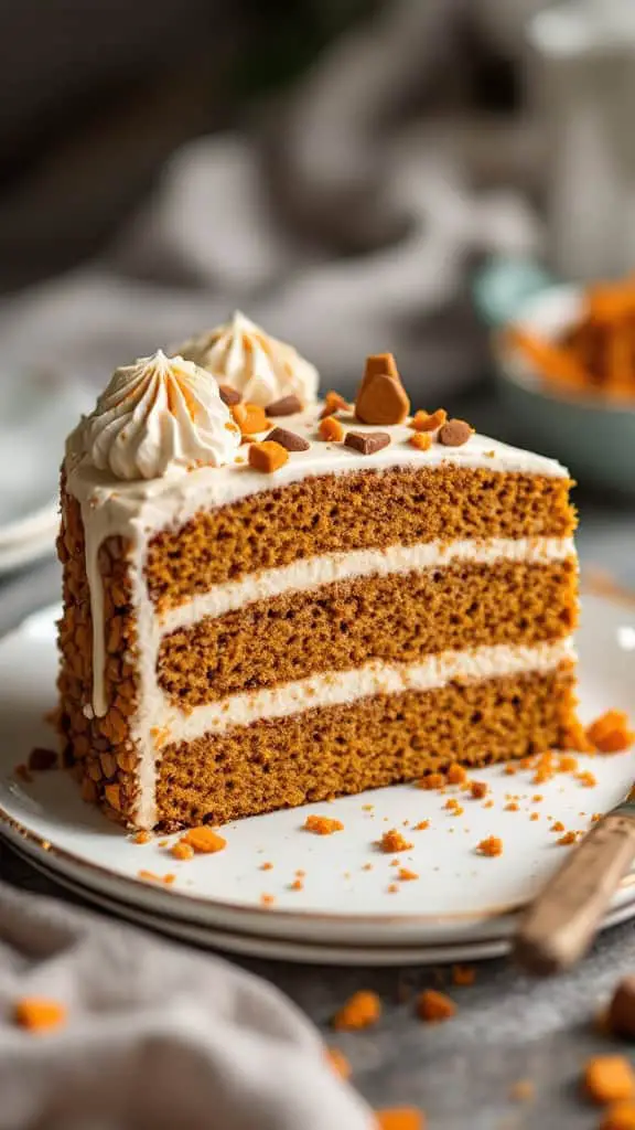 A slice of Pumpkin Spice Heath Crunch Cake on a plate, topped with frosting and toffee bits.