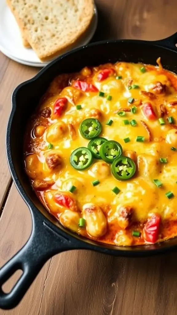 A delicious queso cottage breakfast bake topped with jalapeños and served with toast.