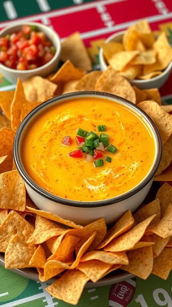 A delicious bowl of queso dip surrounded by tortilla chips, with diced vegetables on top and bowls of salsa in the background.