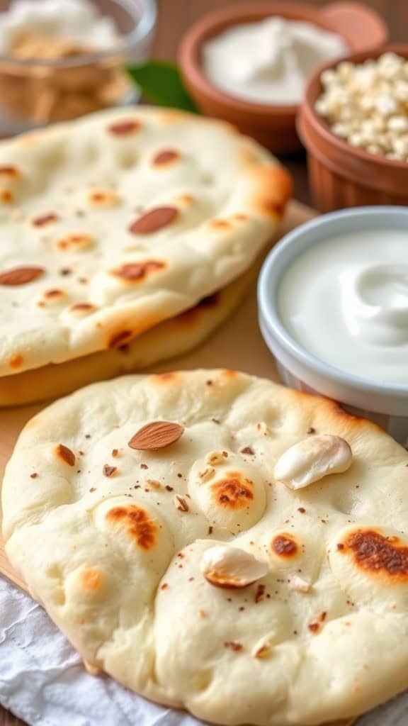 Freshly made naan bread topped with almonds and garlic, served with yogurt and other ingredients