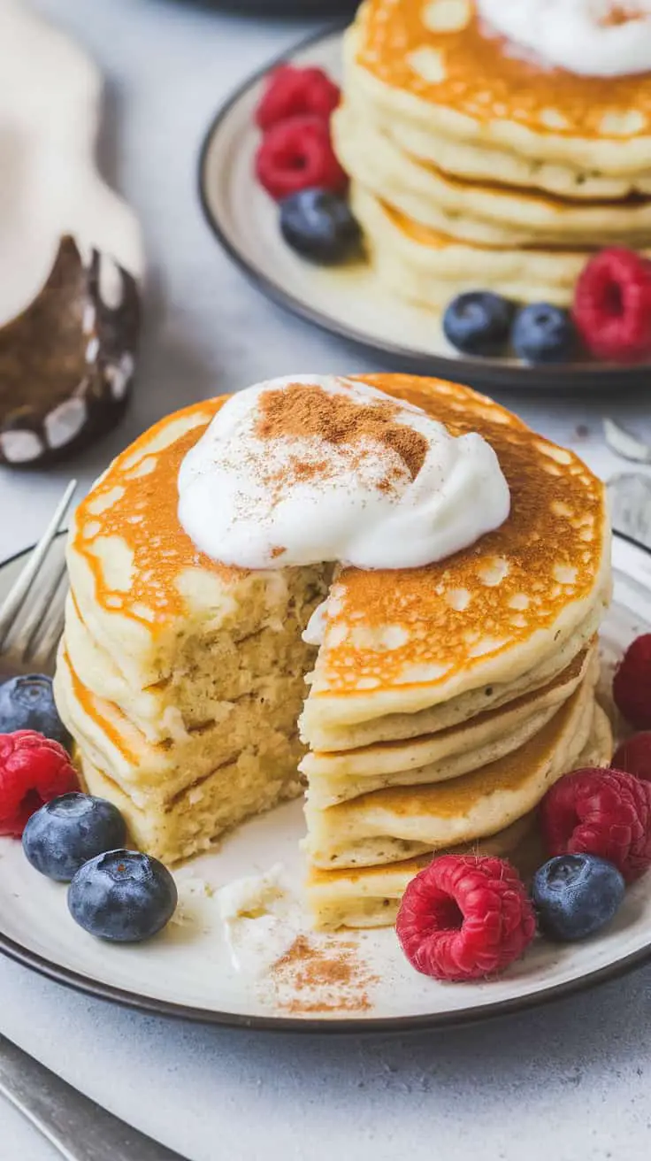 Fluffy cottage cheese protein pancakes topped with yogurt and surrounded by fresh berries.
