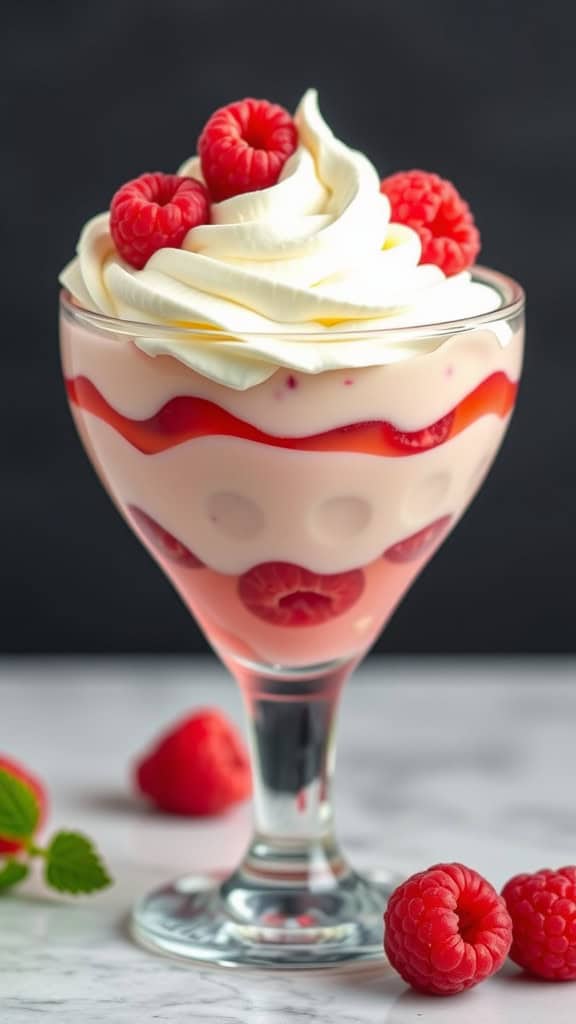 A glass filled with raspberry jello, whipped cream, and fresh raspberries on top.