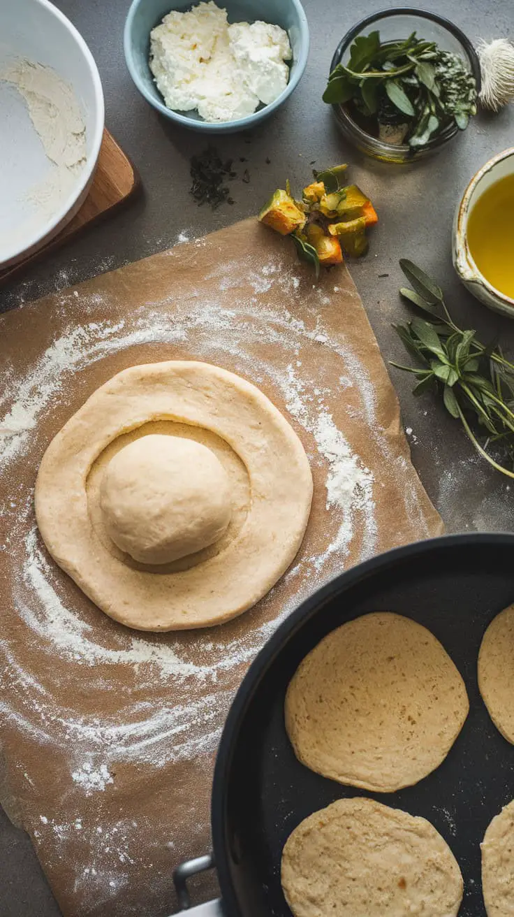 Ingredients and dough for Cottage Cheese Flatbread preparation, including cottage cheese, herbs, and colorful vegetables.