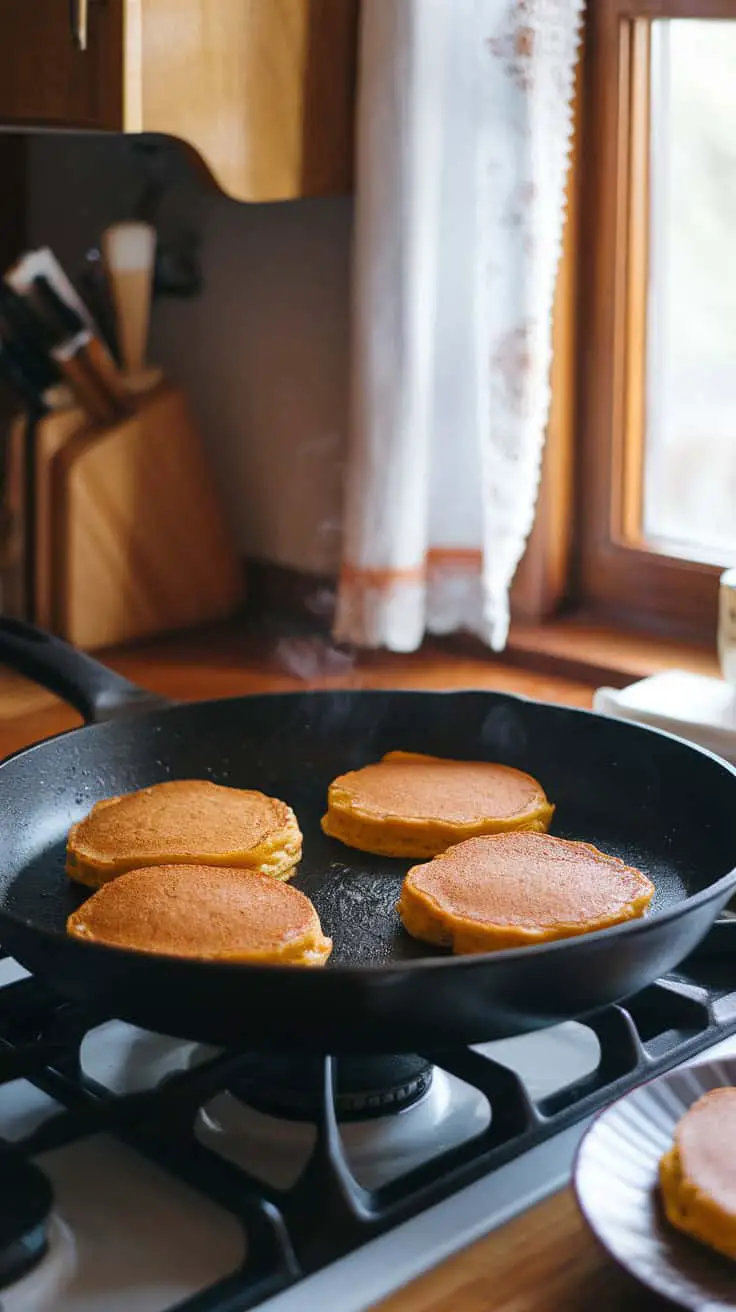 Four golden pumpkin cottage cheese pancakes cooking in a frying pan on the stove.