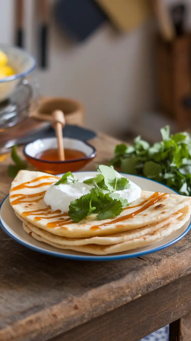 A plate of homemade flatbread topped with yogurt, sauce, and fresh herbs.