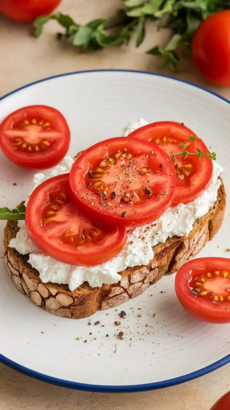Slice of whole grain toast topped with cottage cheese and fresh tomato slices